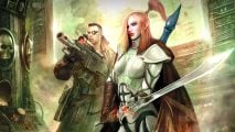 Cover art for the Warhammer 40k Rogue Trader RPG supplement Fallen Suns by Matt Bradbury; two warriors, a human holding a heavy boltgun rifle, and a white-armored aeldari holding a power sword