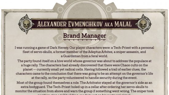Part one of a story about a TTRPG played by the Warhammer 40k Rogue Trader developers: