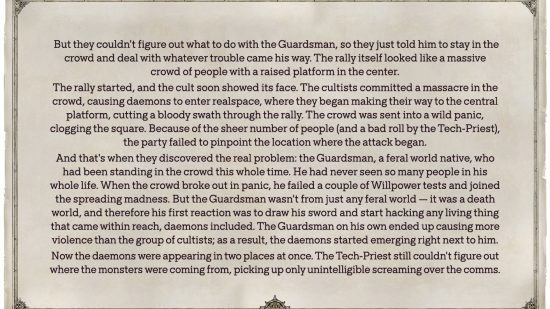 Part two of a story about a TTRPG played by the Warhammer 40k Rogue Trader developers: