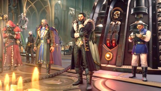 Warhammer 40k Rogue Trader CRPG devs played TTRPGs to prepare - a Rogue Trader in opulent robes stands on the bridge of his starship, flanked by advisers and aides.
