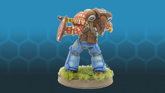 A Warhammer 40k Space Marine wielding a chainsword and shield, painted by Nick to look like he's wearing blue jeans, plaid shirt, and leather accessories