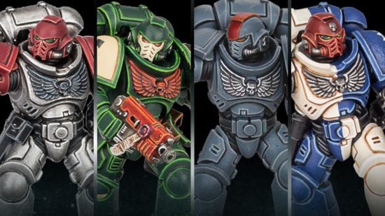 Warhammer 40k Space Marines guide - Games Workshop photo showing four Primaris Space Marines in successor chapter color schemes