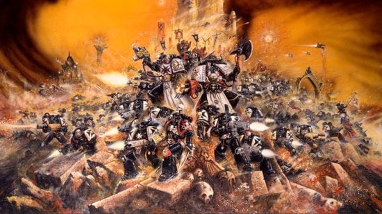 Warhammer 40k Space Marines guide - Games Workshop John Blanche artwork showing a huge force of Black Templars Space Marines in battle, led by a Marshal and Castellan