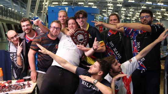 The finalists from the London GT Warhammer 40k tournament celebrate the winner, Liam Vessel