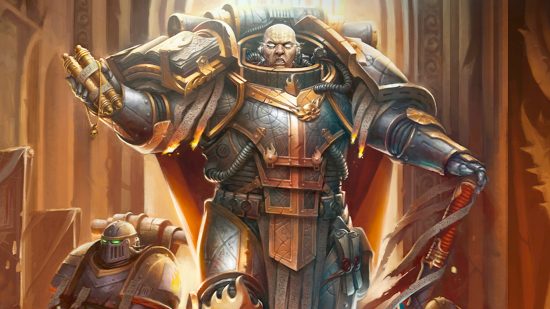 Warhammer 40k Word Bearers guide - Games Workshop artwork showing the Word Bearers Primarch Lorgar Aurelian fully armored with glowing eyes