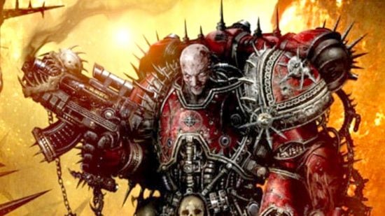 Warhammer 40k Word Bearers guide - Games Workshop artwork from the cover of the Black Library Word Bearers Ombinus, showing a Word Bearer Chaos Space Marine in spiny spiked red armor