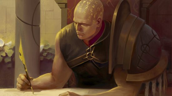 Warhammer 40k Word Bearers guide - Games Workshop artwork showing the young Lorgar Aurelian, primarch of the Word Bearers, studying at a desk with a quill