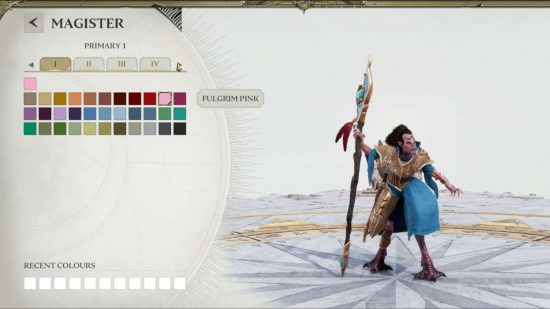 Warhammer Age of Sigmar Realms of Ruin army painter interface - the user selects colors, which are applied to a model of a Magister of Tzeentch