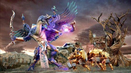 Warhammer Age of Sigmar Realms of Ruin - a giant, bird-headed Greater Daemon of Tzeentch battles gold armored Stormcast Eternals