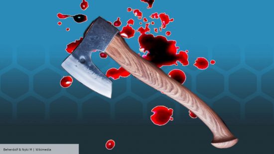 Warhammer Alternative Sundown Slashers - A hatchet superimposed on a blood splatter on a blue background, composite of Wikimedia images, Blood by Nyki m CC-BY-3.0, and Anika by Beherdolf, CC-BY-SA-4.0