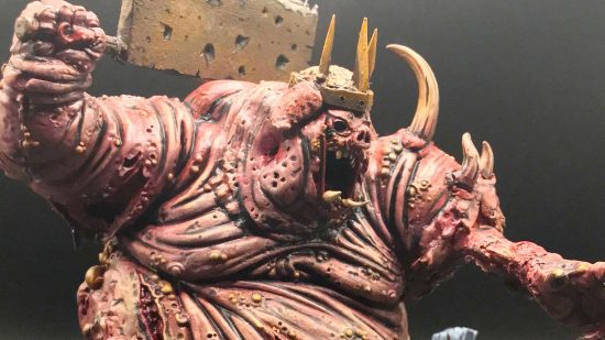 Swine Prince from Darkest Dungeon converted from a Nurgle Daemon - A grotesque, rotting, pig-faced beast in a crown, wielding a huge rusted cleaver