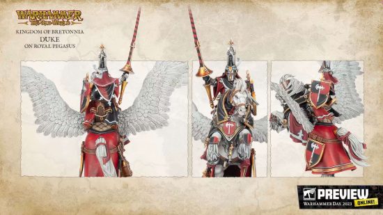 Warhammer the Old World Bretonnian Duke on Begasus - a mounted Knight with a huge hat riding a Pegasus