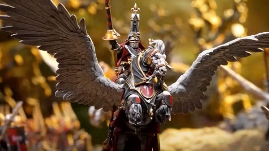 Warhammer the Old World rules- a knight of Bretonnia rides a regal pegasus to war
