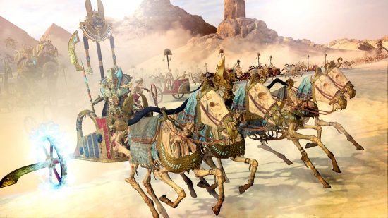 Warhammer Tomb Kings faction - Settra the Imperishable, an undead mummy lord, riding in a lazulite-plated chariot pulled by four skeletal steeds