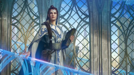 Wizard Names for DnD - card art for Hyrkul Master Wizard by Randy Vargas, a woman in white robes stands on a balcony in front of panelled glass and behind a balustrade of blue crystal