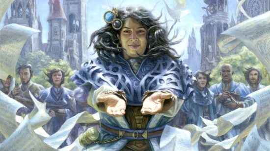 Wizard Names for DnD - card art for Naru Meha Master Wizard by Matt Stewart, a woman with hands outstretched towards the viewers in long wizardly robes surrounded by floating ribbon