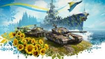 World of Tanks creator raises funds for ambulances for Ukraine - tanks, a warship, and a jetfighter, all camoflaged with yellow and blue, with yellow sunflowers in the foreground