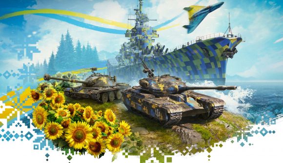 World of Tanks creator raises funds for ambulances for Ukraine - tanks, a warship, and a jetfighter, all camoflaged with yellow and blue, with yellow sunflowers in the foreground
