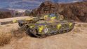 World of Tanks creator raises funds for ambulances for Ukraine - screenshot of a T50 Resilient Polish heavy tank, with blue and yellow digital camo, and a white trident design on the forward left flank