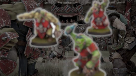 Best Blood Bowl models Made to order cheerleaders - Games Worskhop image of the Orc cheerleaders, blurred, overlaid on a dark screenshot from the videogame Blood Bowl 3
