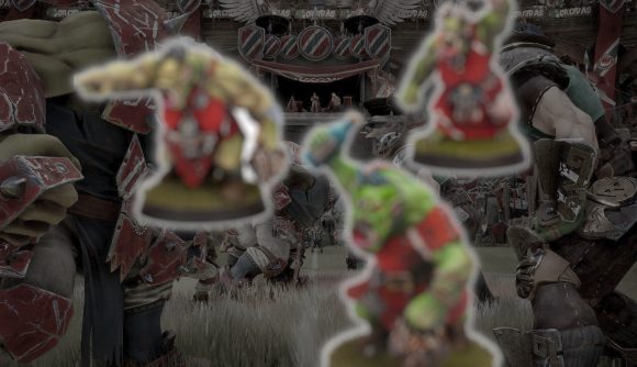 Best Blood Bowl models Made to order cheerleaders - Games Worskhop image of the Orc cheerleaders, blurred, overlaid on a dark screenshot from the videogame Blood Bowl 3