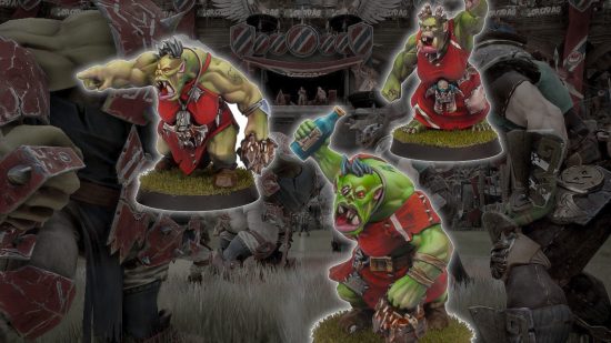 Best Blood Bowl models Made to order cheerleaders - Games Worskhop image of the Orc cheerleaders overlaid on a dark screenshot from the videogame Blood Bowl 3