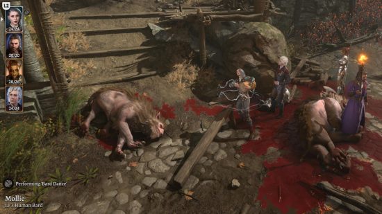 Baldur's Gate 3 screengrab of dead wargs and goblins killed by a party