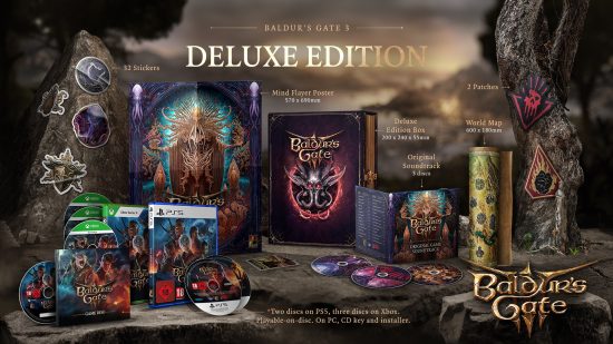 Baldurs Gate 3 - bundle with a bunch of physical BG3 goodies, labelled 