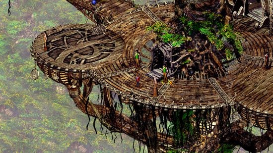 Best CRPGs guide - game screenshot from Arcanum of Steamworks and Magick Obscura, showing the party exploring a treetop platform high above the ground