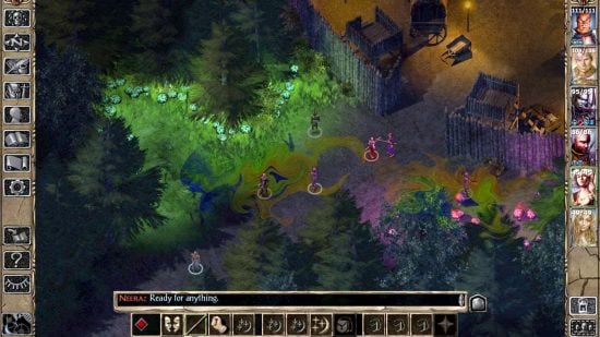 Best CRPGs guide - game screenshot from baldur's gate 2 Shadows of Amn showing the party outside a settlement, with magical fog