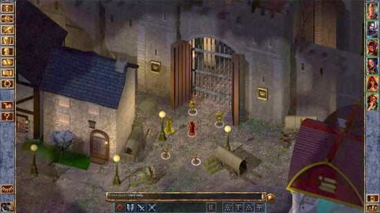 Best CRPGs guide - game screenshot from Baldur's Gate showing the party outside a stone gatehouse at night