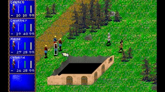 Best CRPGs guide - game screenshot from Darklands showing the party outside a building in the wilderness