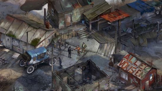 Best CRPGs guide - game screenshot from Disco Elysium showing the player's party in a shanty town