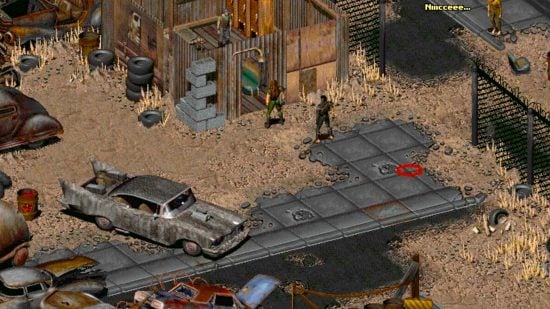Best CRPGs guide - game screenshot from Fallout 2 showing the character outside a shanty shack with a ruined car