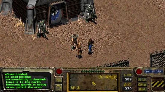 Best CRPGs guide - game screenshot from Fallout 1 showing the character outside a guarded building