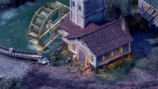 Best CRPGs guide - game screenshot from Pillars of eternity showing the party outside a watermill building in the early game