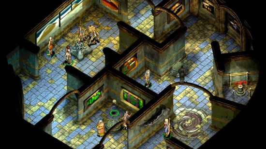 Best CRPGs guide - game screenshot from Planescape Torment showing the character inside a facility with colored tiles on the floor