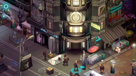 Best CRPGs guide - game screenshot from Shadorun Dragonfall, showing the characters out on a city street, beside a brightly lit futuristic building