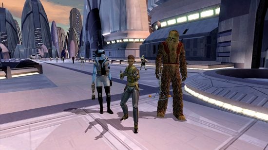 Best CRPGs guide - game screenshot from Star Wars Knights of the Old Republic, showing the player character, a wookiee, and a Twi'Lek on a city planet