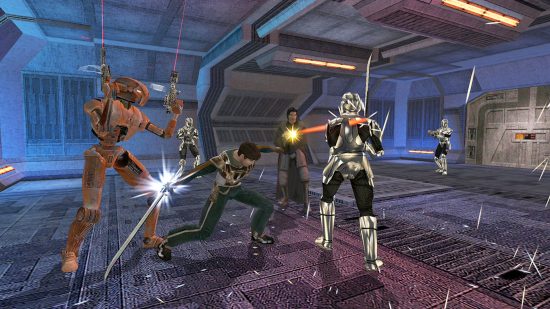Best CRPGs guide - game screenshot from Star Wars Knights of the Old Republic 2 showing the character battling Sith guards using a lightsaber