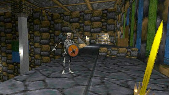 Best CRPGs guide - game screenshot from The Elder Scrolls II Daggerfall, showing the interior of a dungeon and a skeleton warrior with sword and shield