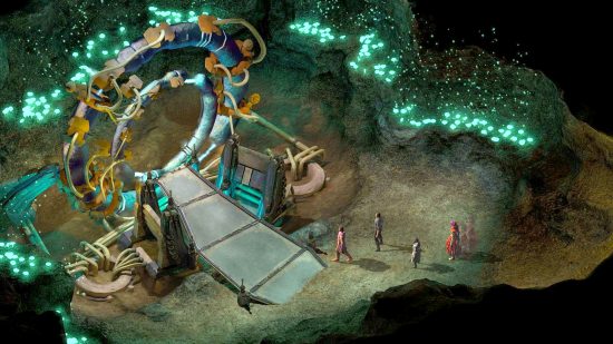 Best CRPGs guide - game screenshot from Torment: Tides of Numenera, showing the party approaching a huge magical portal in a cave
