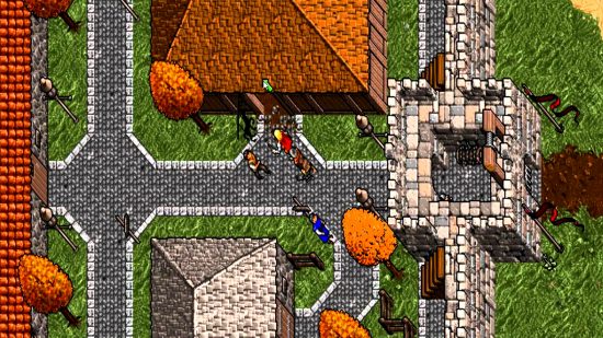 Best CRPGs guide - game screenshot from Ultima VII showing the party exploring a top down town, just inside the stone town walls