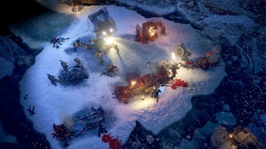 Best CRPGs guide - game screenshot from Wasteland 3, showing the characters in battle in a snowy environment at night