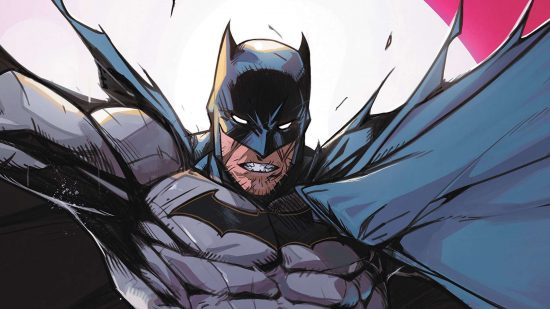 The Best Batman Comics - an illustration of Batman, a muscular man in a grey leotard with a bat logo, wearing a blue cowl with small horns, and a grey blue cape