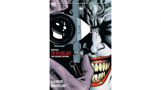 The Best Batman Comics - the cover art for The Killing Joke, the leering,white-faced Joker takes a photo with a camera
