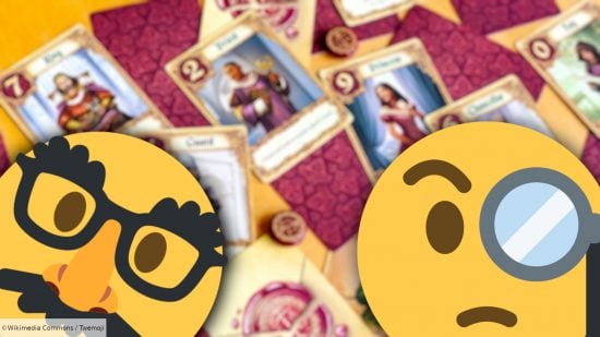 Best bluffing card games guide - marketing photo showing Love Letter cards, overlaid with two emojis from Twemoji