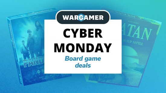 Cyber Monday board game deals written on a white tile beneath the Wargamer logo, with a picture of board games as the background.