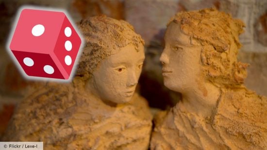 Best Truth or Dare questions guide - Flickr / Lexe-I photo showing a sculpture of two figures, one whispering in the other's ear, with an overlaid emoji of a red six sided die