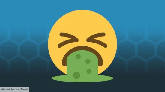 Best Truth or Dare questions guide - Wargamer image with a blue hex background, showing a vomiting face emoji